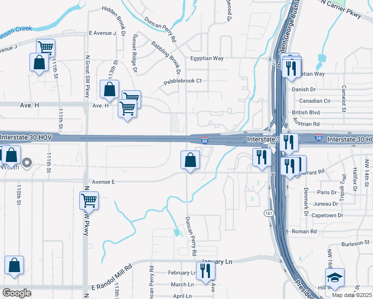 map of restaurants, bars, coffee shops, grocery stores, and more near 16 Duncan Perry Road in Grand Prairie