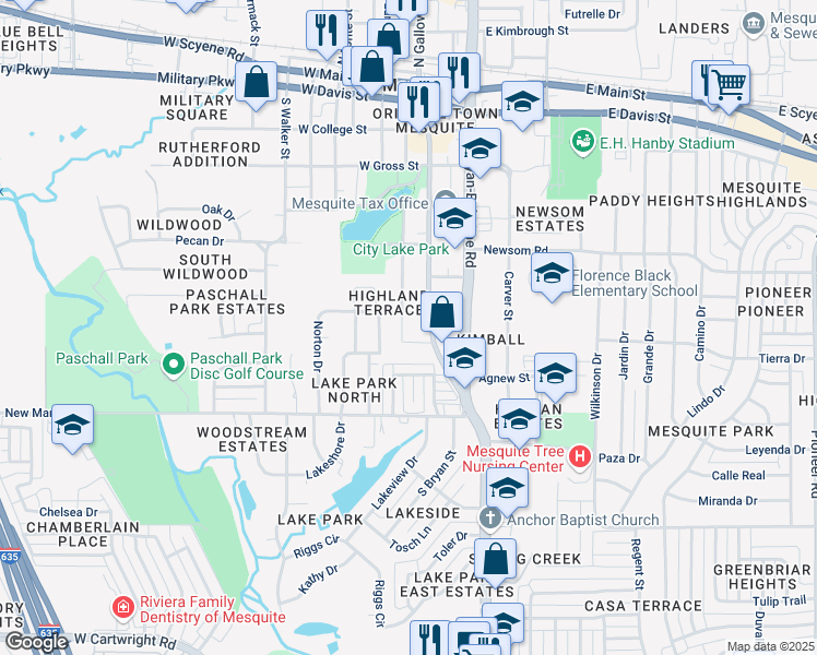 map of restaurants, bars, coffee shops, grocery stores, and more near 817 Lakeside Drive in Mesquite