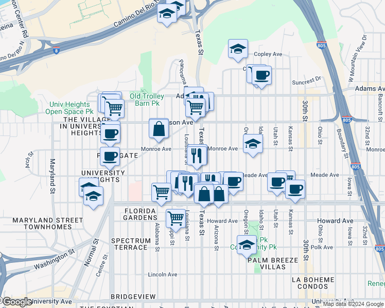 map of restaurants, bars, coffee shops, grocery stores, and more near 4479 Louisiana Street in San Diego