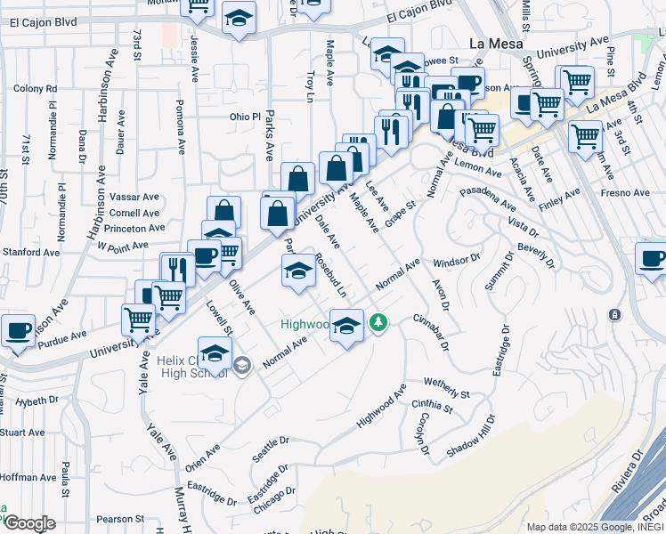 map of restaurants, bars, coffee shops, grocery stores, and more near 4406 Rosebud Lane in La Mesa