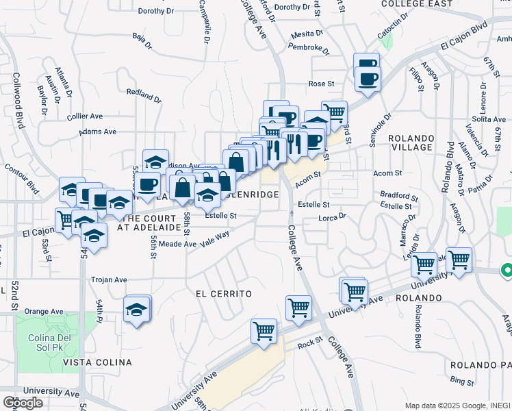 map of restaurants, bars, coffee shops, grocery stores, and more near 5954 Estelle Street in San Diego