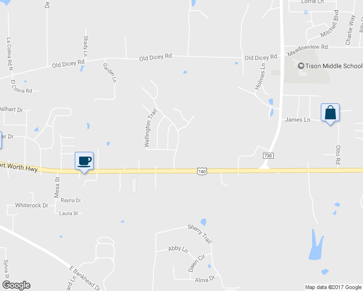 map of restaurants, bars, coffee shops, grocery stores, and more near 206 Willow Creek Drive in Weatherford