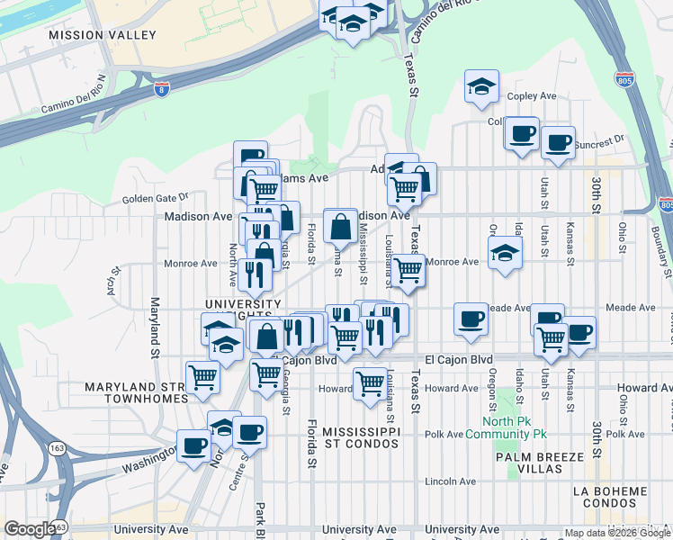 map of restaurants, bars, coffee shops, grocery stores, and more near 4468 Alabama Street in San Diego
