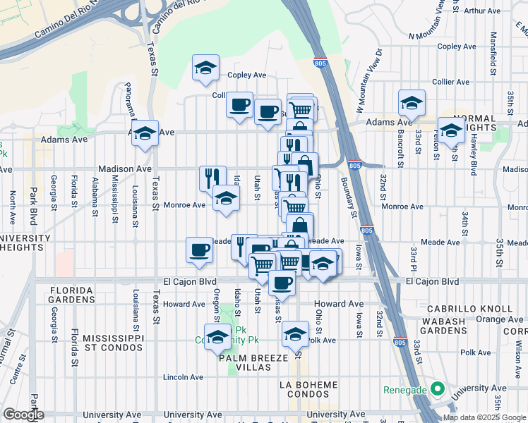 map of restaurants, bars, coffee shops, grocery stores, and more near 4468 Kansas Street in San Diego