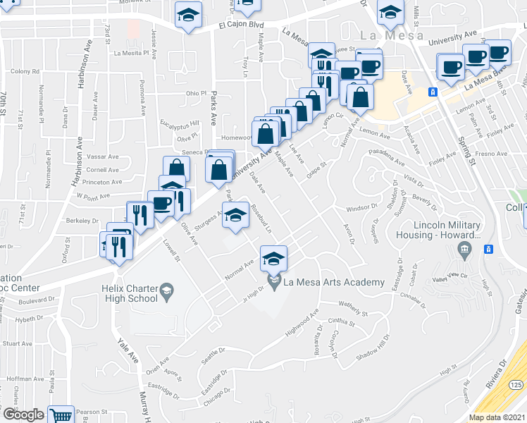 map of restaurants, bars, coffee shops, grocery stores, and more near 4406 Rosebud Lane in La Mesa