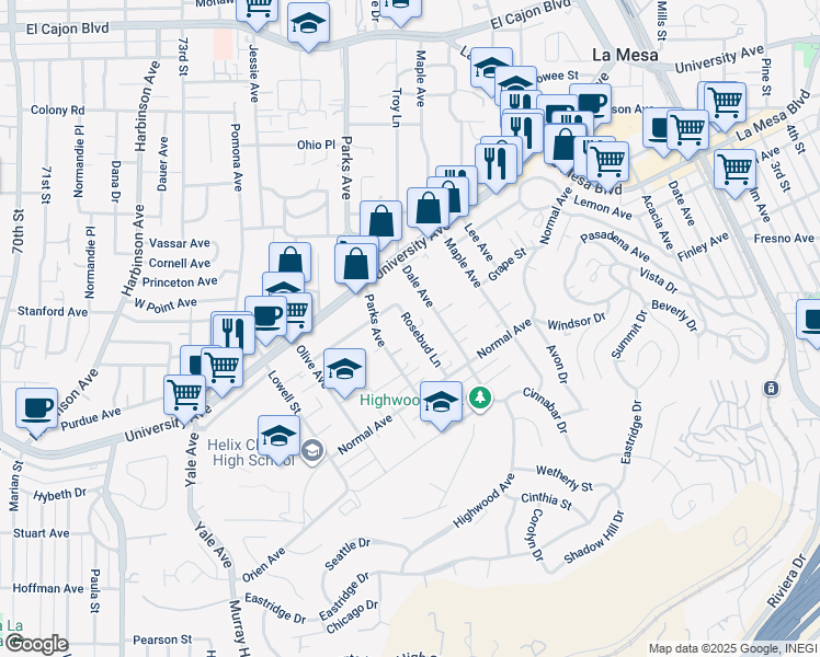map of restaurants, bars, coffee shops, grocery stores, and more near 4406 Rosebud Lane in La Mesa
