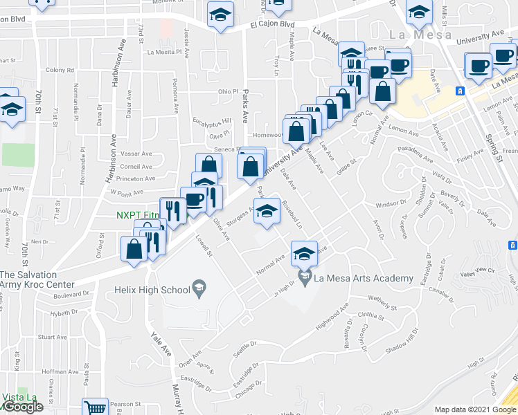 map of restaurants, bars, coffee shops, grocery stores, and more near 4424 Parks Avenue in La Mesa