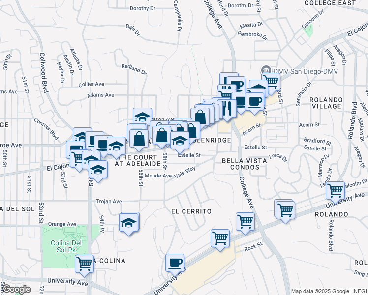 map of restaurants, bars, coffee shops, grocery stores, and more near 5892 Estelle Street in San Diego