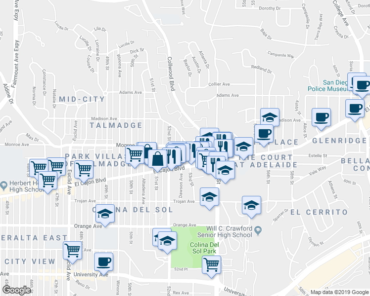 map of restaurants, bars, coffee shops, grocery stores, and more near 4463 Dawson Avenue in San Diego