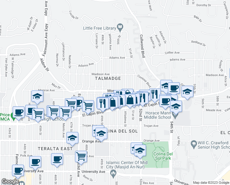 map of restaurants, bars, coffee shops, grocery stores, and more near 4470 50th Street in San Diego