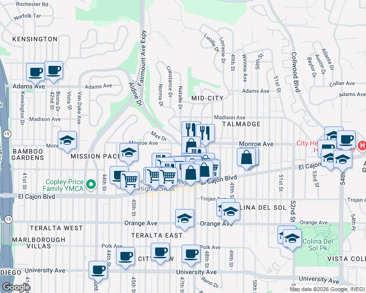 map of restaurants, bars, coffee shops, grocery stores, and more near 4482 47th Street in San Diego