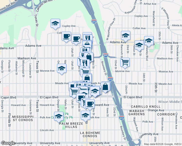 map of restaurants, bars, coffee shops, grocery stores, and more near 4459 Ohio Street in San Diego