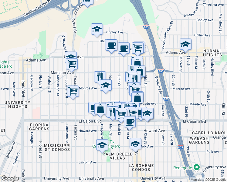 map of restaurants, bars, coffee shops, grocery stores, and more near 4465 Idaho Street in San Diego