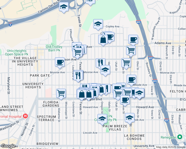 map of restaurants, bars, coffee shops, grocery stores, and more near 4472 Hamilton Street in San Diego