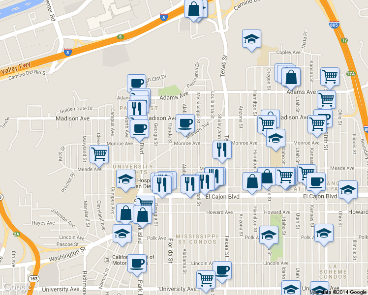 map of restaurants, bars, coffee shops, grocery stores, and more near 4468 Alabama Street in San Diego