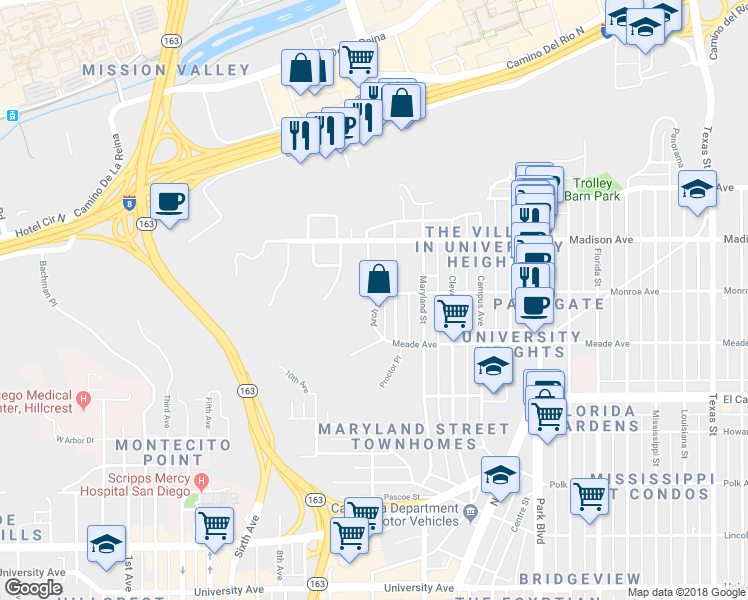 map of restaurants, bars, coffee shops, grocery stores, and more near 4455 Arch Street in San Diego