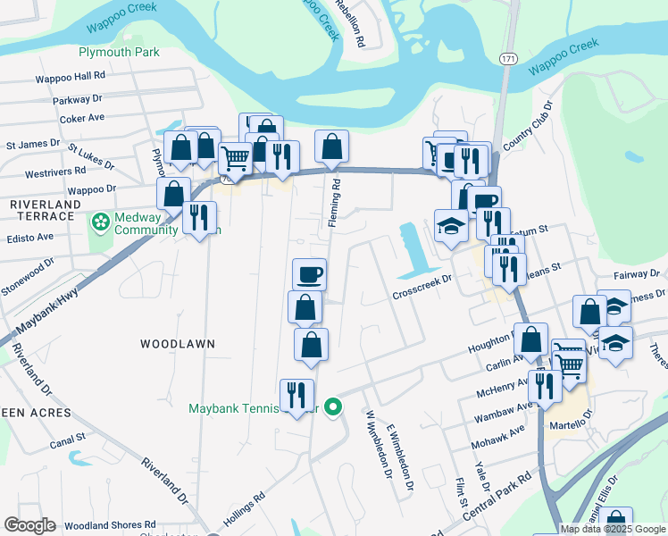 map of restaurants, bars, coffee shops, grocery stores, and more near 323 Fleming Road in Charleston