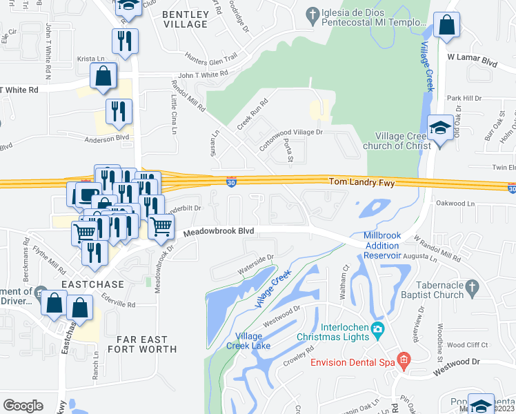 map of restaurants, bars, coffee shops, grocery stores, and more near 1417 Randol Crossing Lane in Fort Worth