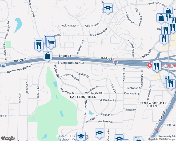 map of restaurants, bars, coffee shops, grocery stores, and more near 1458 Warrington Court in Fort Worth