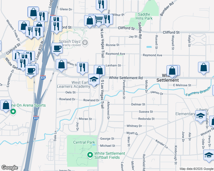 map of restaurants, bars, coffee shops, grocery stores, and more near 131 South Las Vegas Trail in Fort Worth