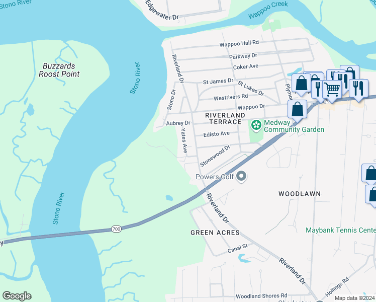 map of restaurants, bars, coffee shops, grocery stores, and more near 306 Yates Avenue in Charleston