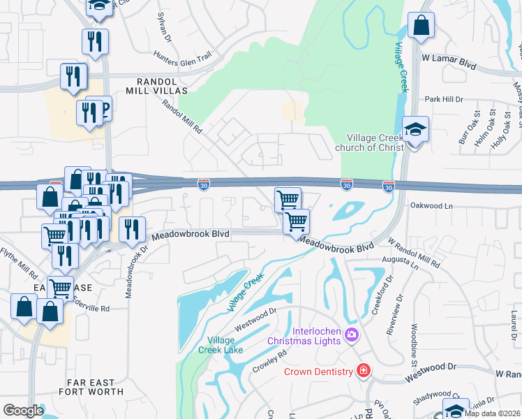 map of restaurants, bars, coffee shops, grocery stores, and more near 9001 Meadowbrook Boulevard in Fort Worth