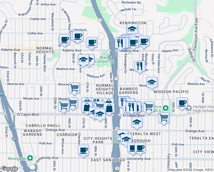 map of restaurants, bars, coffee shops, grocery stores, and more near 3909 Monroe Avenue in San Diego