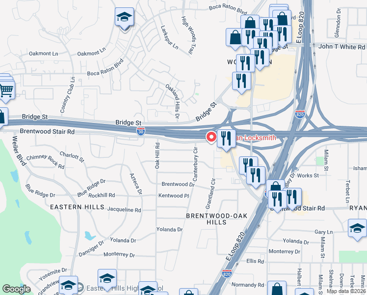 map of restaurants, bars, coffee shops, grocery stores, and more near 6229 Warrington Place in Fort Worth