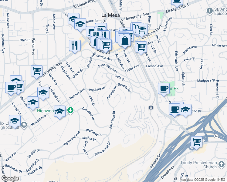 map of restaurants, bars, coffee shops, grocery stores, and more near Summit Drive in La Mesa