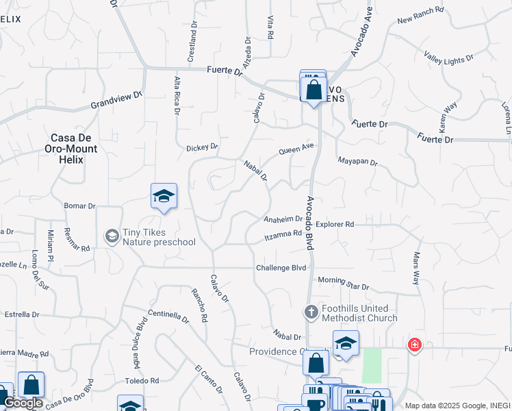 map of restaurants, bars, coffee shops, grocery stores, and more near 10654 Anaheim Drive in La Mesa