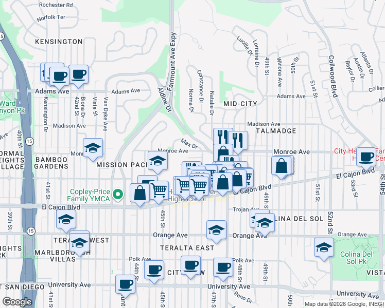 map of restaurants, bars, coffee shops, grocery stores, and more near 4490 Menlo Avenue in San Diego