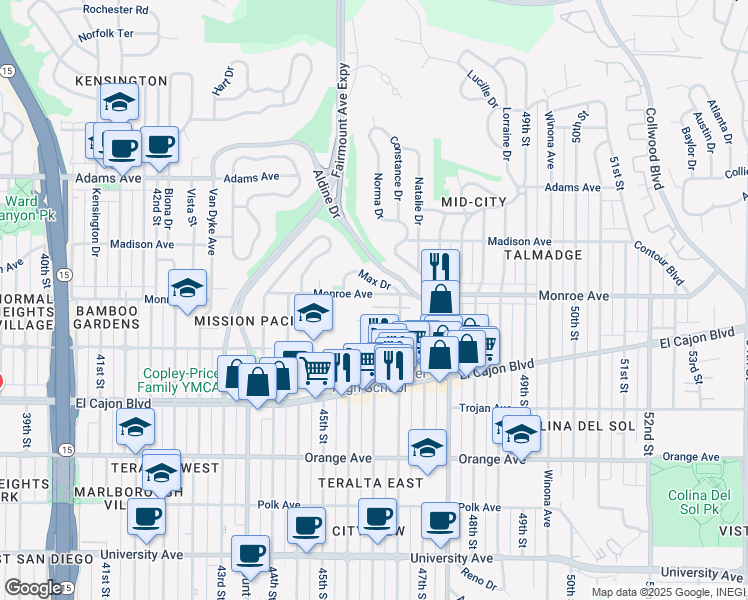 map of restaurants, bars, coffee shops, grocery stores, and more near 4538 Norwood Street in San Diego