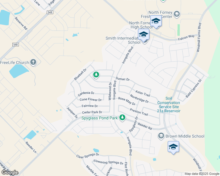 map of restaurants, bars, coffee shops, grocery stores, and more near Wildwood Drive in Forney