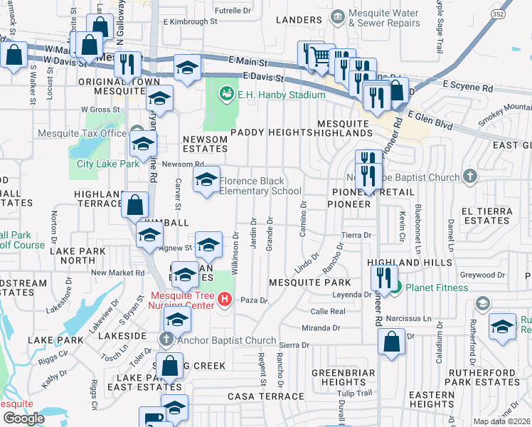 map of restaurants, bars, coffee shops, grocery stores, and more near 725 Grande Drive in Mesquite