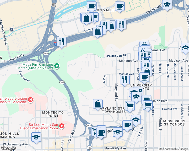 map of restaurants, bars, coffee shops, grocery stores, and more near 4521 Rhode Island Street in San Diego