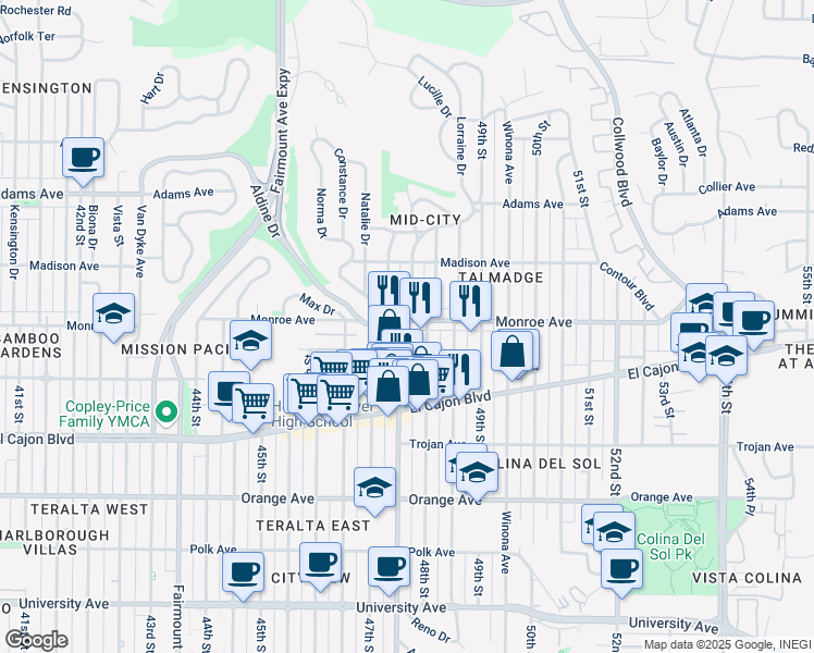 map of restaurants, bars, coffee shops, grocery stores, and more near 4751 Monroe Avenue in San Diego