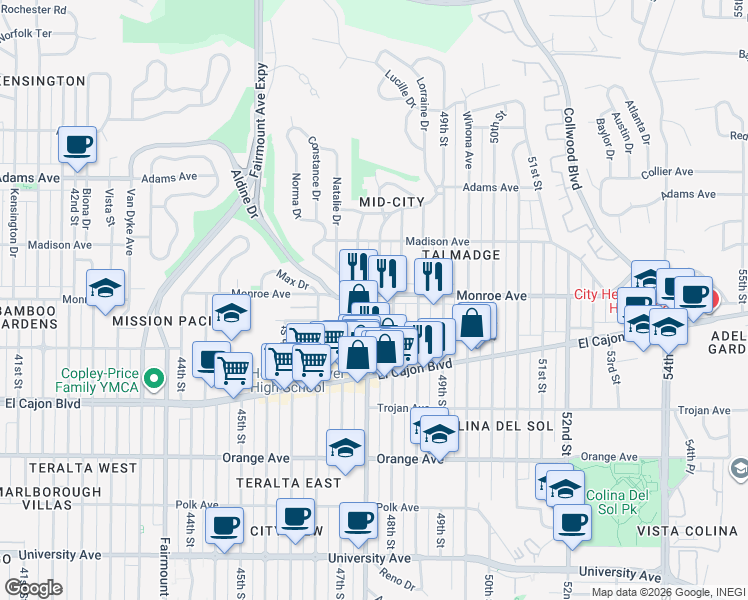 map of restaurants, bars, coffee shops, grocery stores, and more near 4751 Monroe Avenue in San Diego