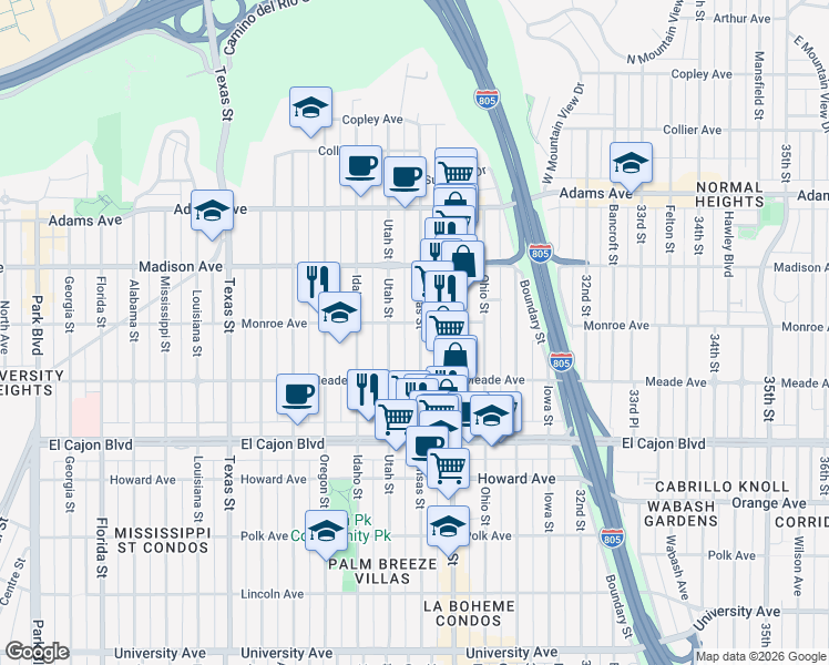 map of restaurants, bars, coffee shops, grocery stores, and more near 4468 Kansas Street in San Diego