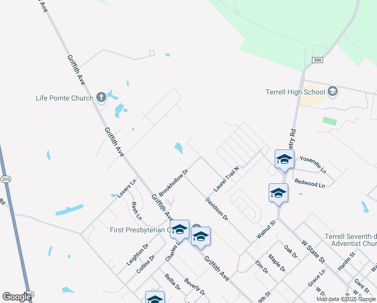 map of restaurants, bars, coffee shops, grocery stores, and more near 303 Laurel Trail Drive in Terrell