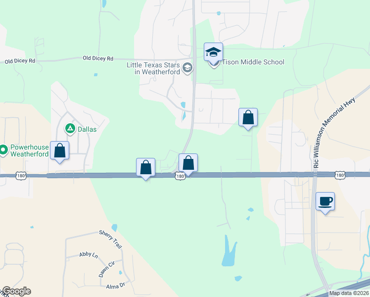 map of restaurants, bars, coffee shops, grocery stores, and more near 2101 Fort Worth Highway in Weatherford