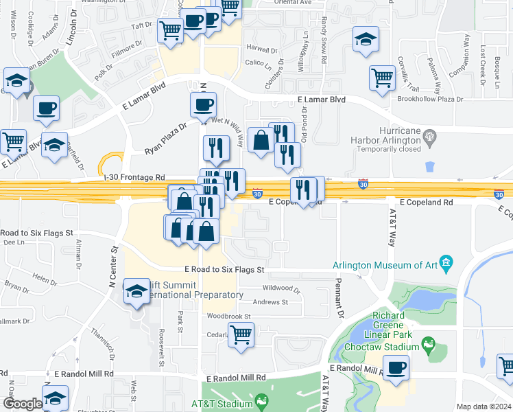 map of restaurants, bars, coffee shops, grocery stores, and more near 1104 East Copeland Road in Arlington