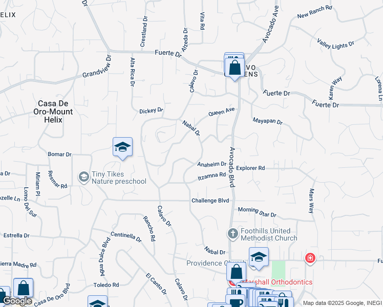 map of restaurants, bars, coffee shops, grocery stores, and more near 4310 Nabal Drive in La Mesa