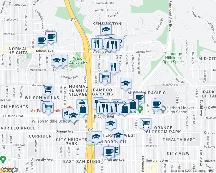 map of restaurants, bars, coffee shops, grocery stores, and more near Monroe Avenue & Marlborough Avenue in San Diego