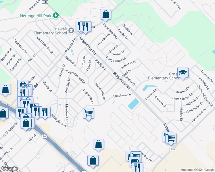 map of restaurants, bars, coffee shops, grocery stores, and more near 515 Wolf Drive in Forney