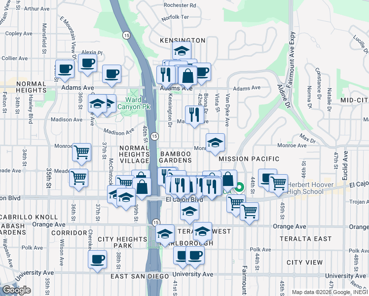 map of restaurants, bars, coffee shops, grocery stores, and more near 4476 Marlborough Avenue in San Diego
