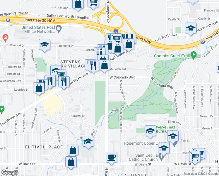 map of restaurants, bars, coffee shops, grocery stores, and more near 2036 Old Orchard Drive in Dallas