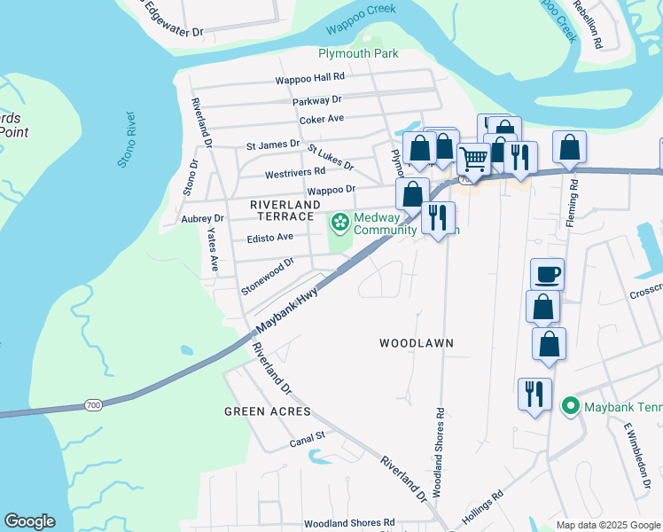 map of restaurants, bars, coffee shops, grocery stores, and more near 2116 Golfview Drive in Charleston