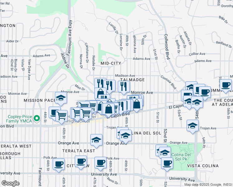 map of restaurants, bars, coffee shops, grocery stores, and more near 4821 Monroe Avenue in San Diego
