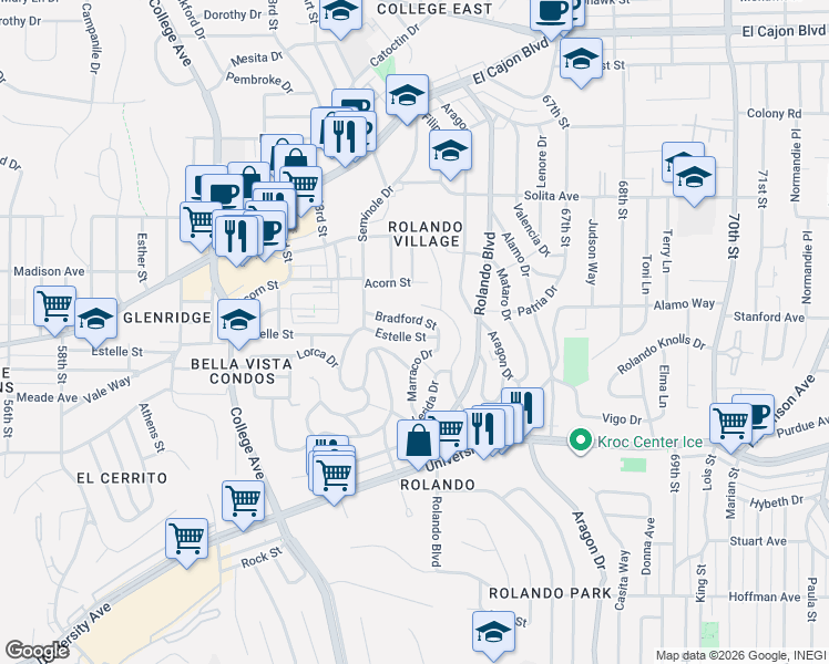 map of restaurants, bars, coffee shops, grocery stores, and more near 6451 Estelle Street in San Diego