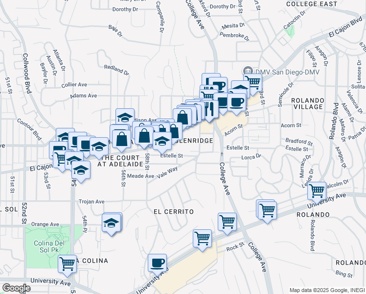 map of restaurants, bars, coffee shops, grocery stores, and more near 5885 El Cajon Boulevard in San Diego